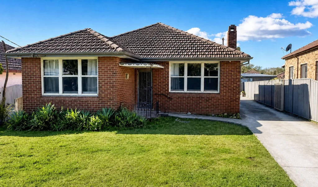 The front of Amigo's Supported Independent Living home in Kingsgrove — a full-brick house with a tiled roof and a front lawn on a quiet residential street