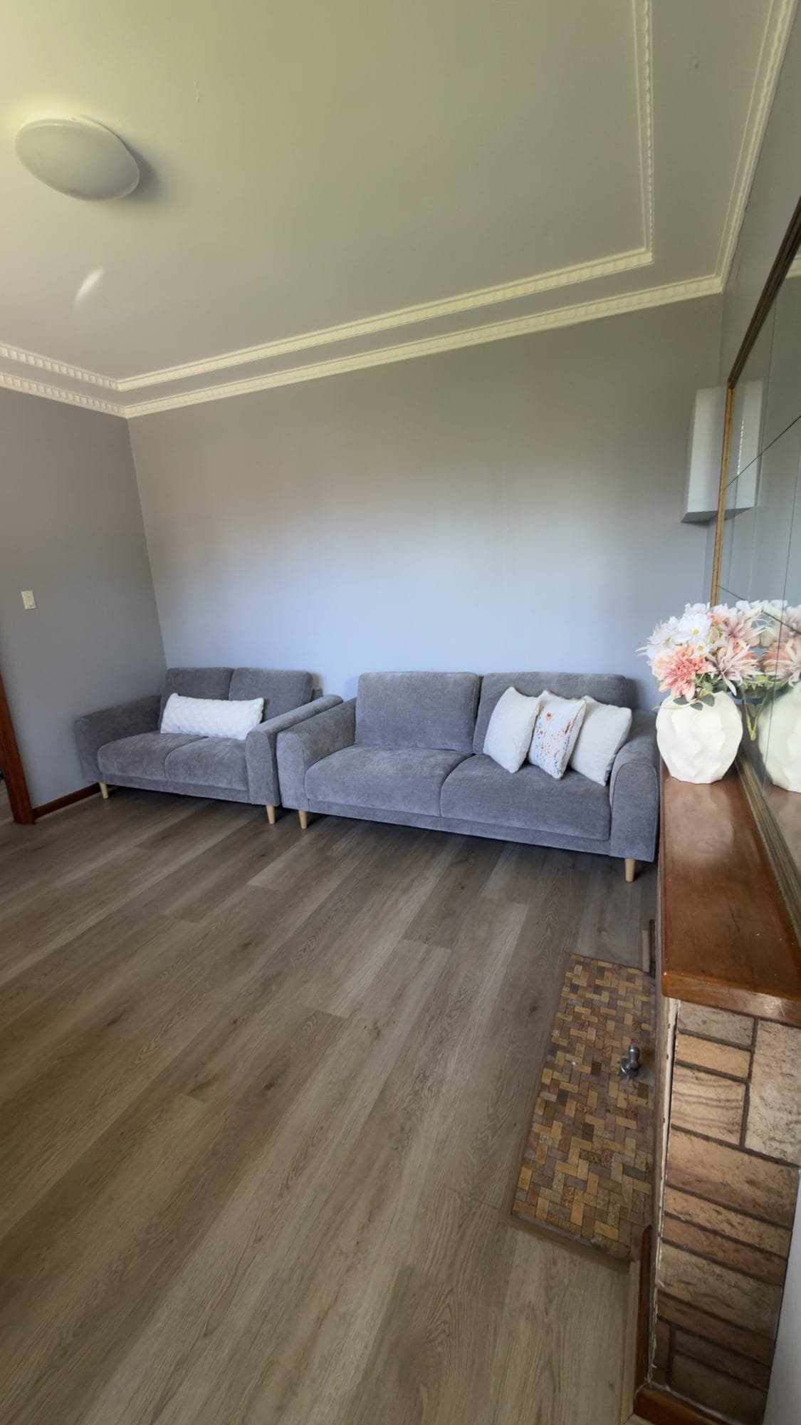 Shared living room with two sofas and a brick fireplace